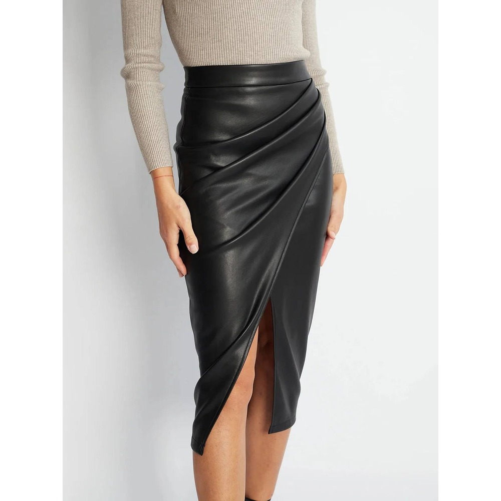 COMMENSE Black Pleated Split Faux Leather Faux Wrap Midi Skirt Size M NEW